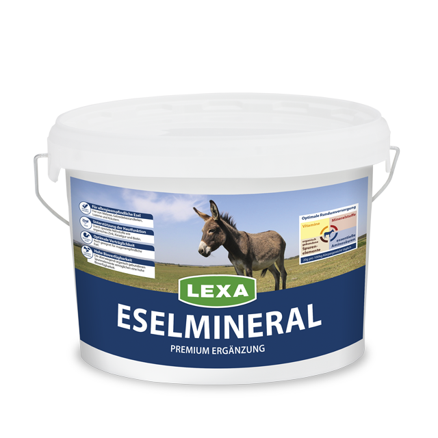 LEXA Eselmineral Premium Ergänzung Eselmineral von LEXA in einem weißen Eimer, mit einem Esel auf dem Etikett.