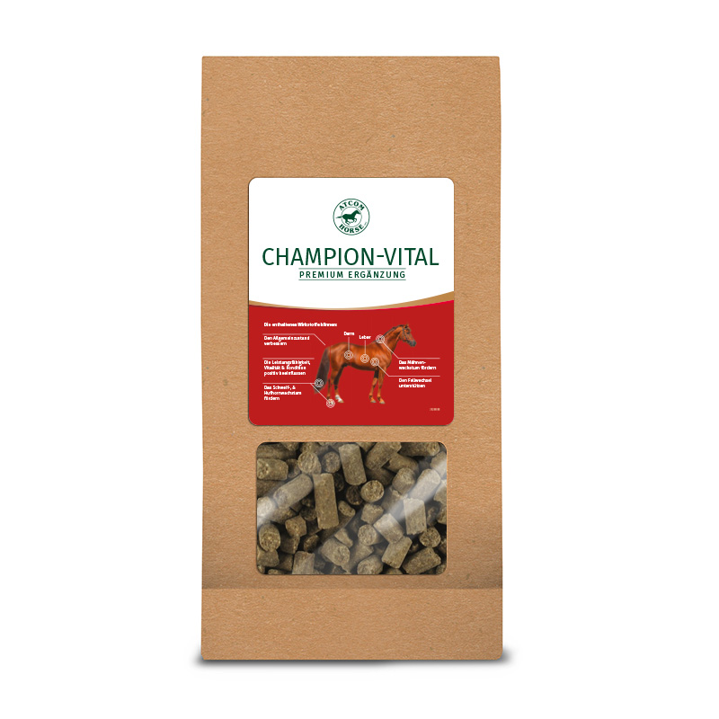 ATCOM Champion-Vital in einem braunen 1kg Beutel mit einem roten Etikett und einem Sichtfenster