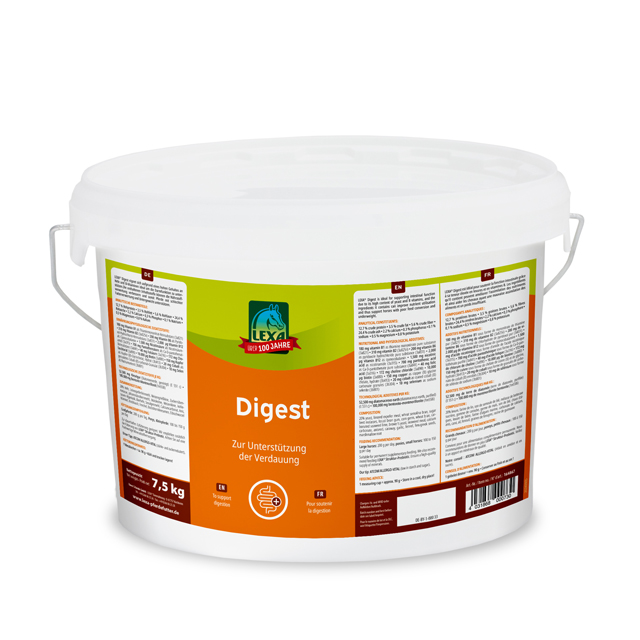 Leyh Digest Eimer 7,5 kg Eimer mit 7,5 kg Verdauungsunterstützung von Leyh, orangefarbene Verpackung mit detaillierten Anweisungen.