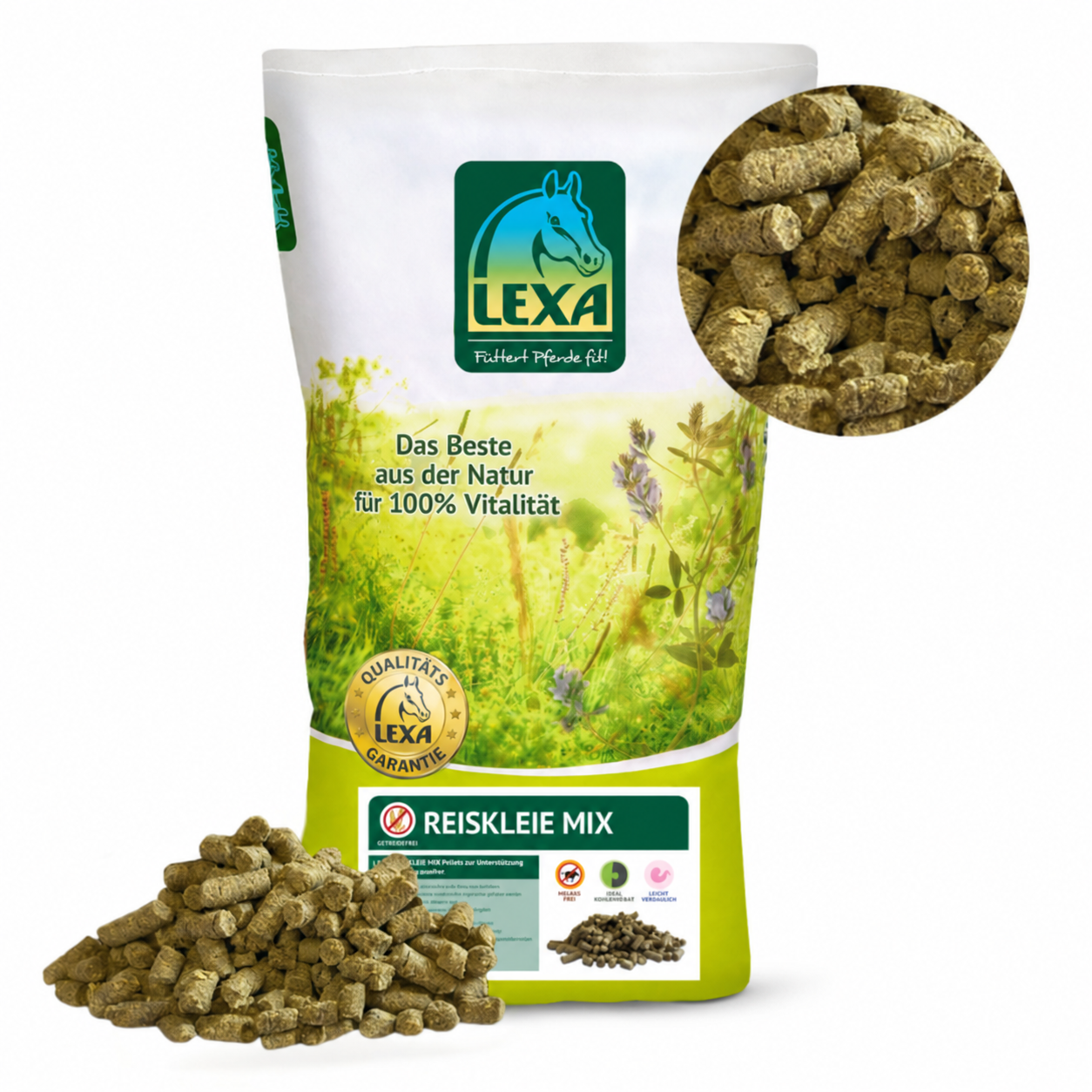 LEXA Reiskleie Mix, mit einer grüner Wiesen darauf und einem Produktbild. Zudem einem roten Flyer mit der Aufschrift "Neu"