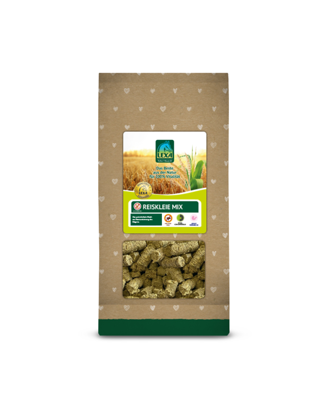 Verpackung von LEXA Reiskleie Mix vor natürlichem, herzgemustertem Hintergrund mit Sichtfenster auf pelletiertes Futter.