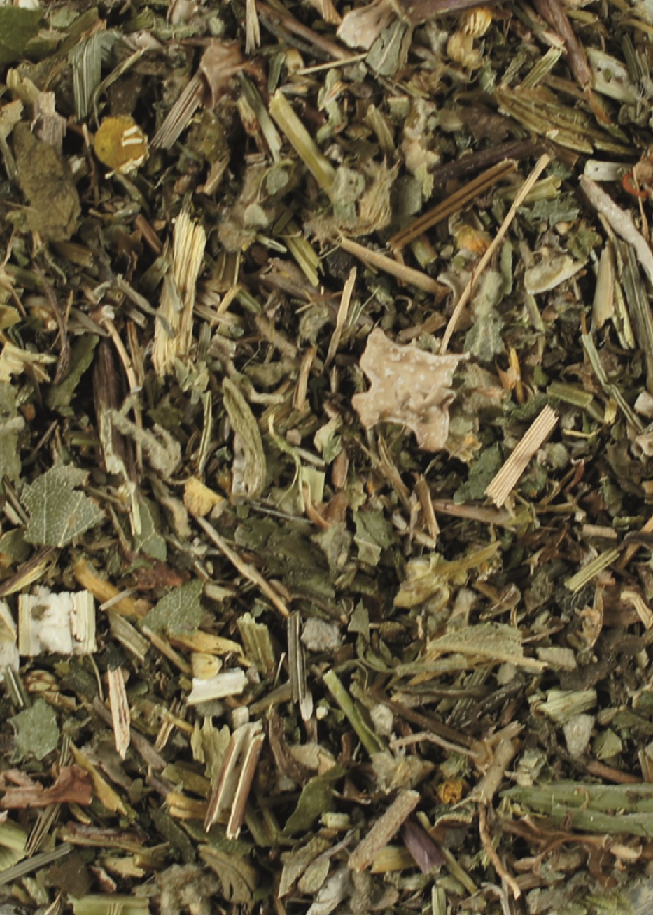 Getrocknete Kräutermischung Eine Mischung aus getrockneten Kräutern und Pflanzenmaterialien, in verschiedenen Grüntönen.