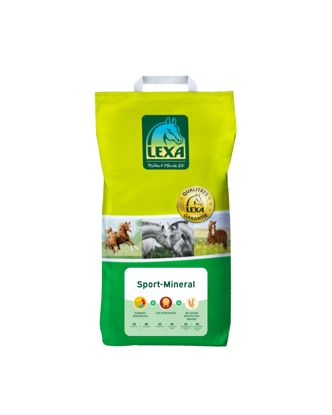 LEXA Sport-Mineral – gelb-grüne Verpackung mit Tragegriff und Etikett für Sportpferde und höhere Leistung.