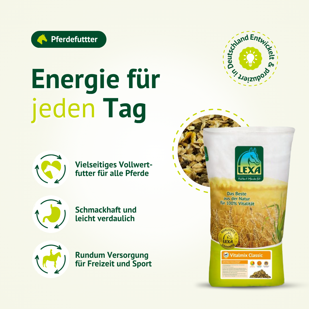 LEXA Vitalmix Classic Pferdefutter als vielseitiges Vollwertfutter für Freizeit- und Sportpferde – schmackhaft, leicht verdaulich und für die tägliche Versorgung geeignet.