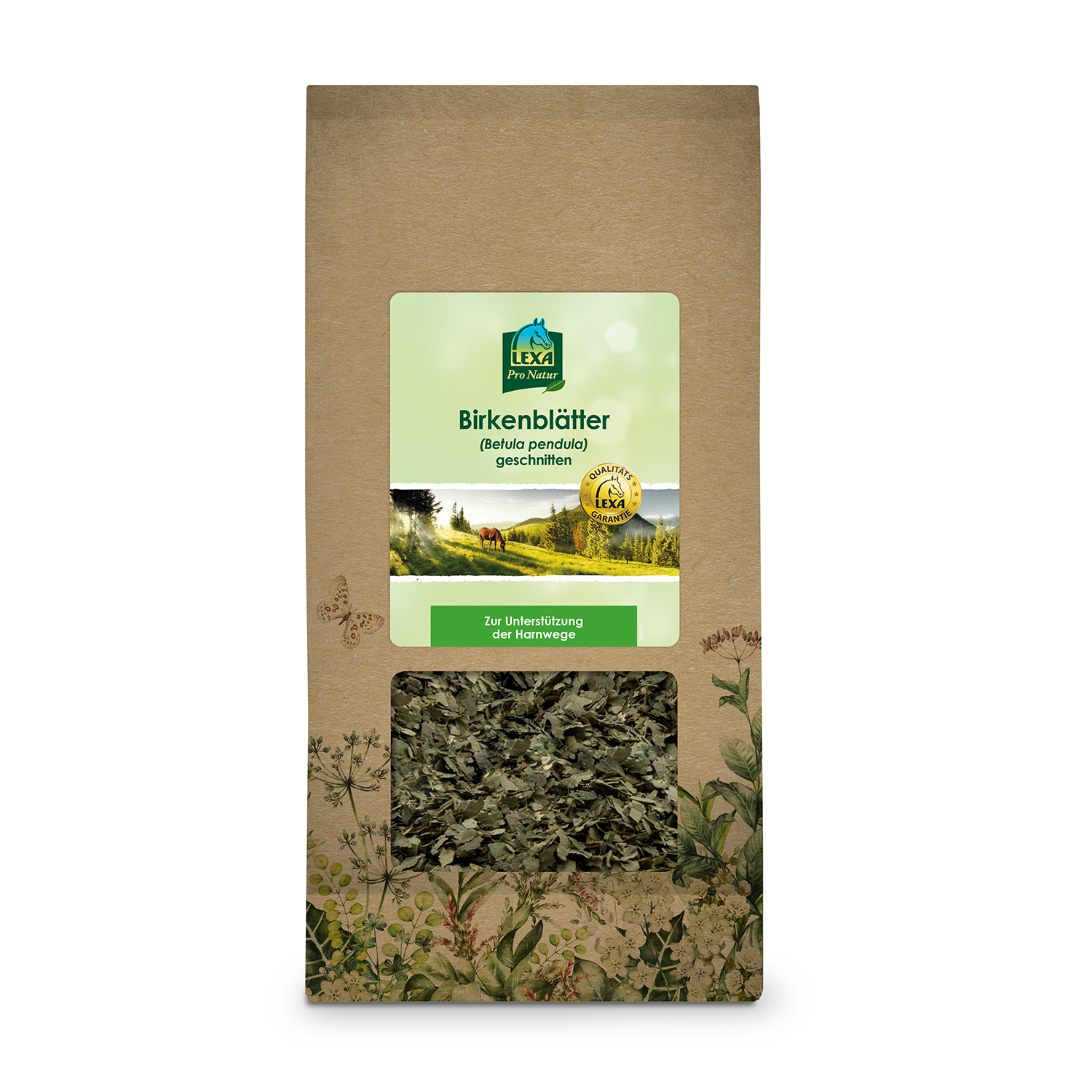 Getrocknete Birkenblätter Braune Papiertüte mit getrockneten Birkenblättern, mit Sichtfenster und einem grünem Etikett. Kräuterillustrationen am Rand der Verpackung.