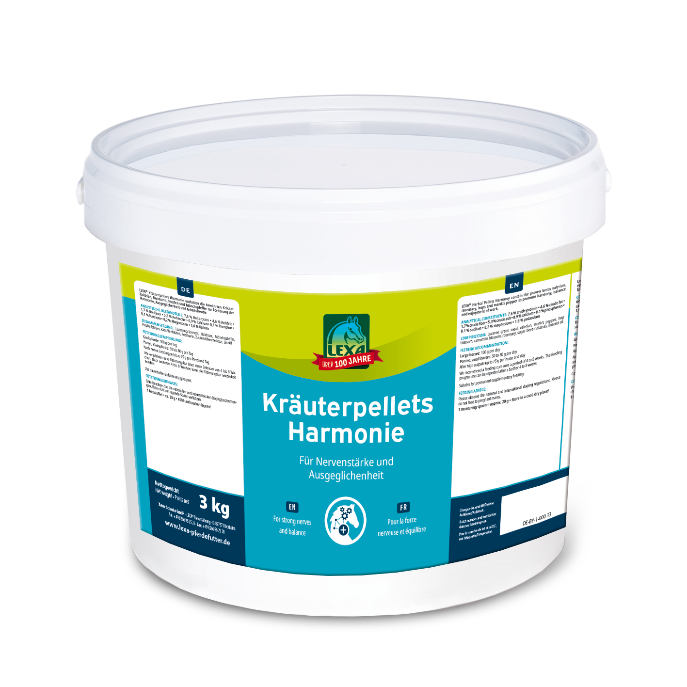 Kräuterpellets Harmonie, 3 kg Eimer mit Kräuterpellets Harmonie, 3 kg, für Nervensituationen und Ausgeglichenheit, mit mehrsprachiger Beschriftung.