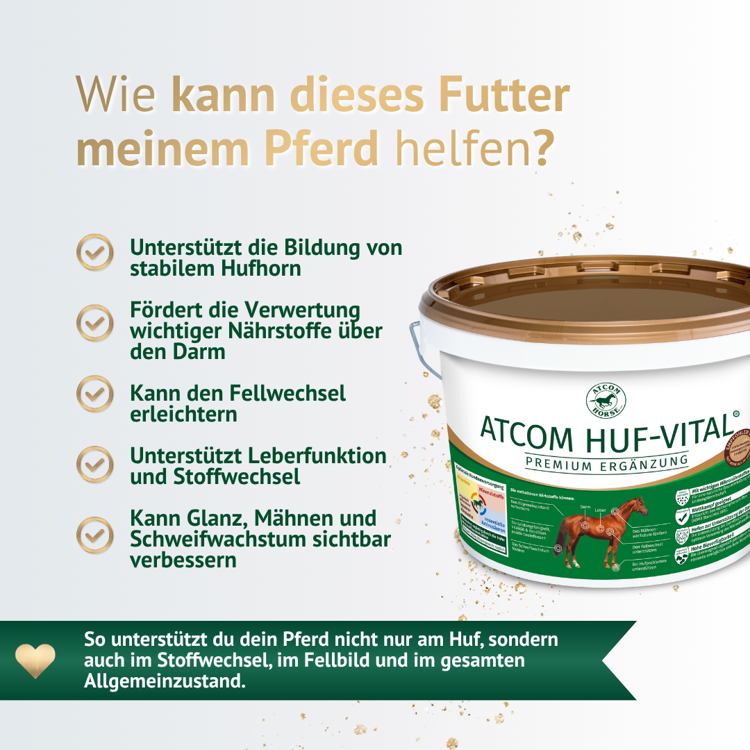 Wie hilft ATCOM HUF-VITAL deinem Pferd? Fördert stabile Hufe, Fellwechsel, Stoffwechsel und sichtbaren Glanz