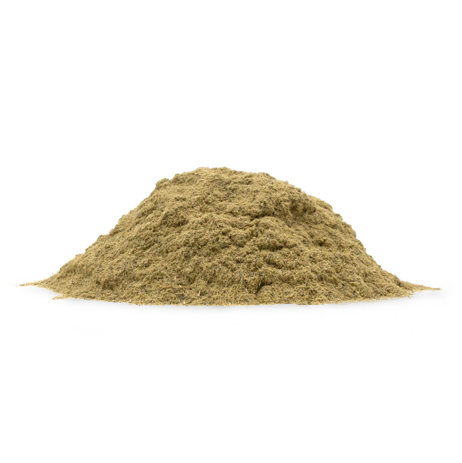 gemahlene Süßholzwurzel Kleine Menge von getrocknetem Süßholzwurzeln, fein gemahlen(Pulverform) auf weißem Hintergrund