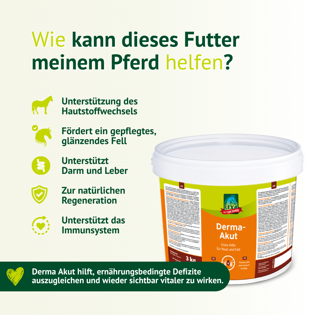 LEXA Derma-Akut unterstützt Hautstoffwechsel, glänzendes Fell, Darm und Leber sowie die natürliche Regeneration des Pferdes.