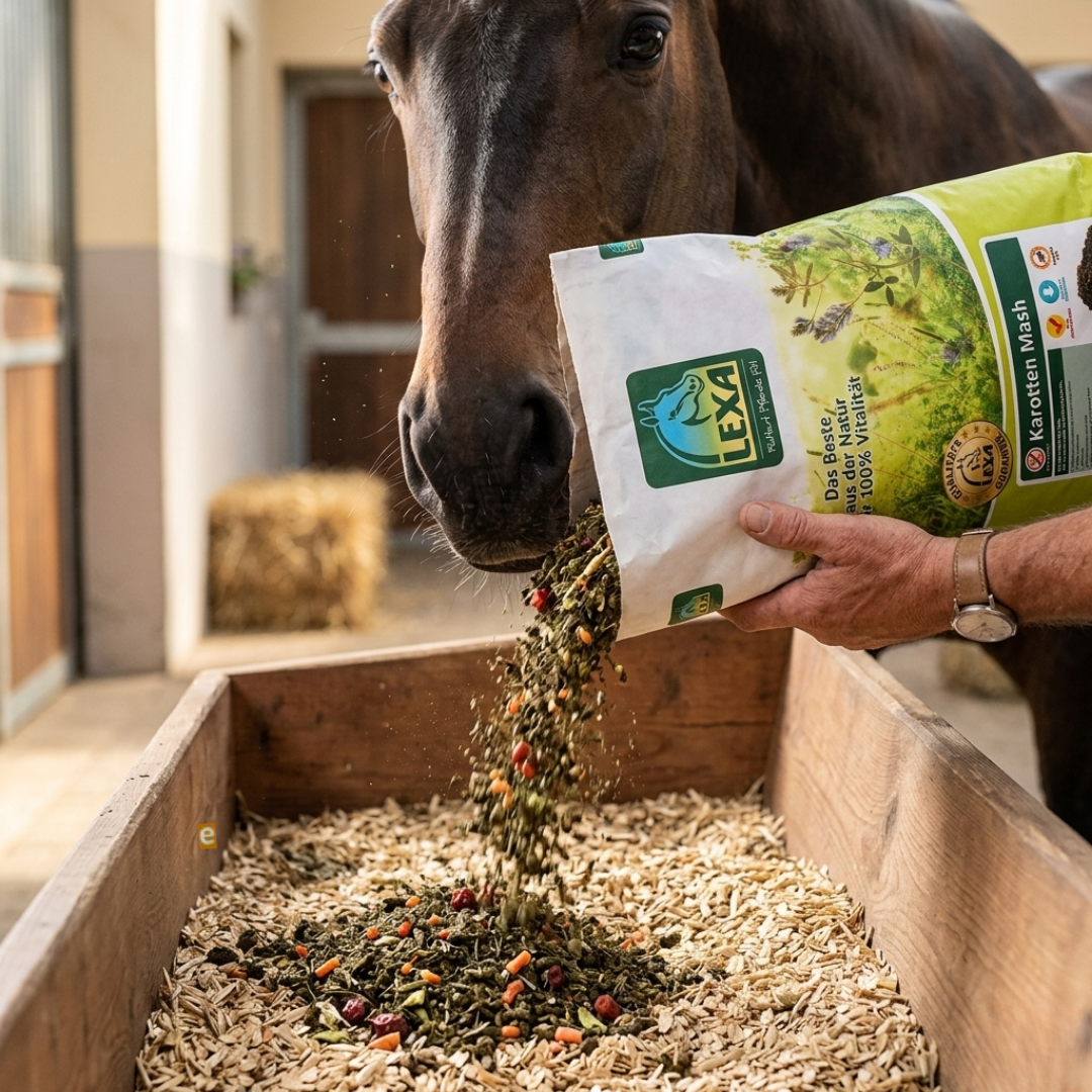 Pferd wird mit Karotten Mash gefüttert – natürliches Mash wird ins Futter gegeben
