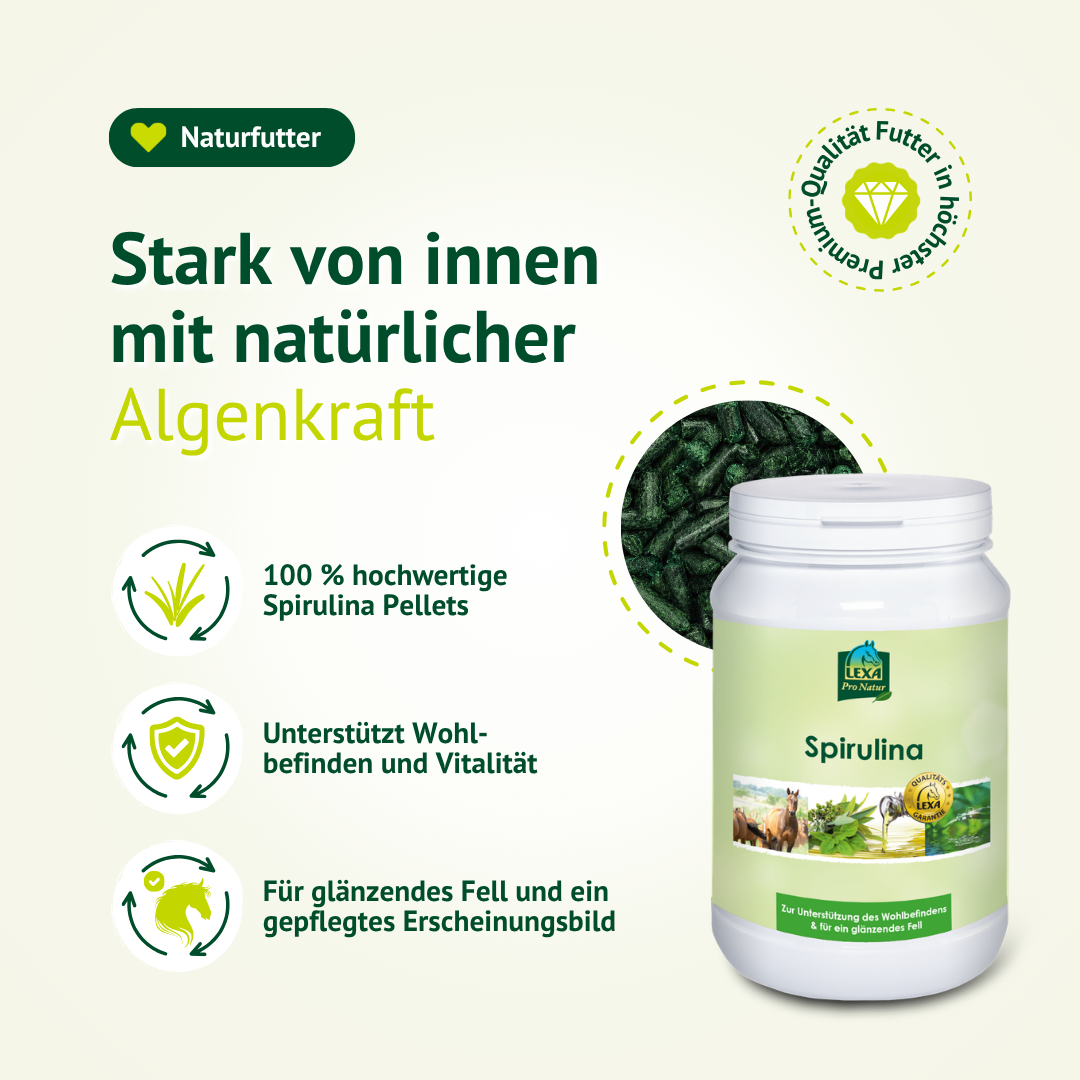 LEXA Spirulina Naturfutter mit 100 % hochwertigen Spirulina Pellets zur Unterstützung von Wohlbefinden, Vitalität und glänzendem Fell.