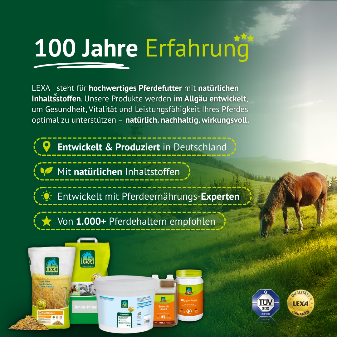 LEXA Pferdefutter mit 100 Jahren Erfahrung – entwickelt und produziert in Deutschland mit natürlichen Inhaltsstoffen
