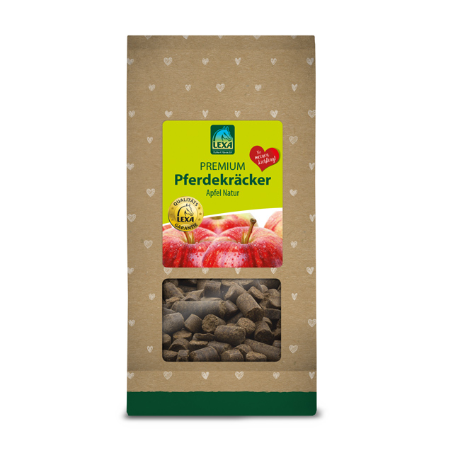 LEXA Premium Pferdekräcker Apfel Natur Premium Pferdekräcker von LEXA mit Apfelgeschmack in einer braunen Verpackung mit Herzchenmuster.