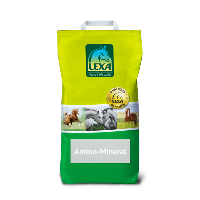 LEXA Amino-Mineral Pferdefutter LEXA Amino-Mineral Pferdefutter in grünem Beutel (Papier) mit Bildern von Pferden.