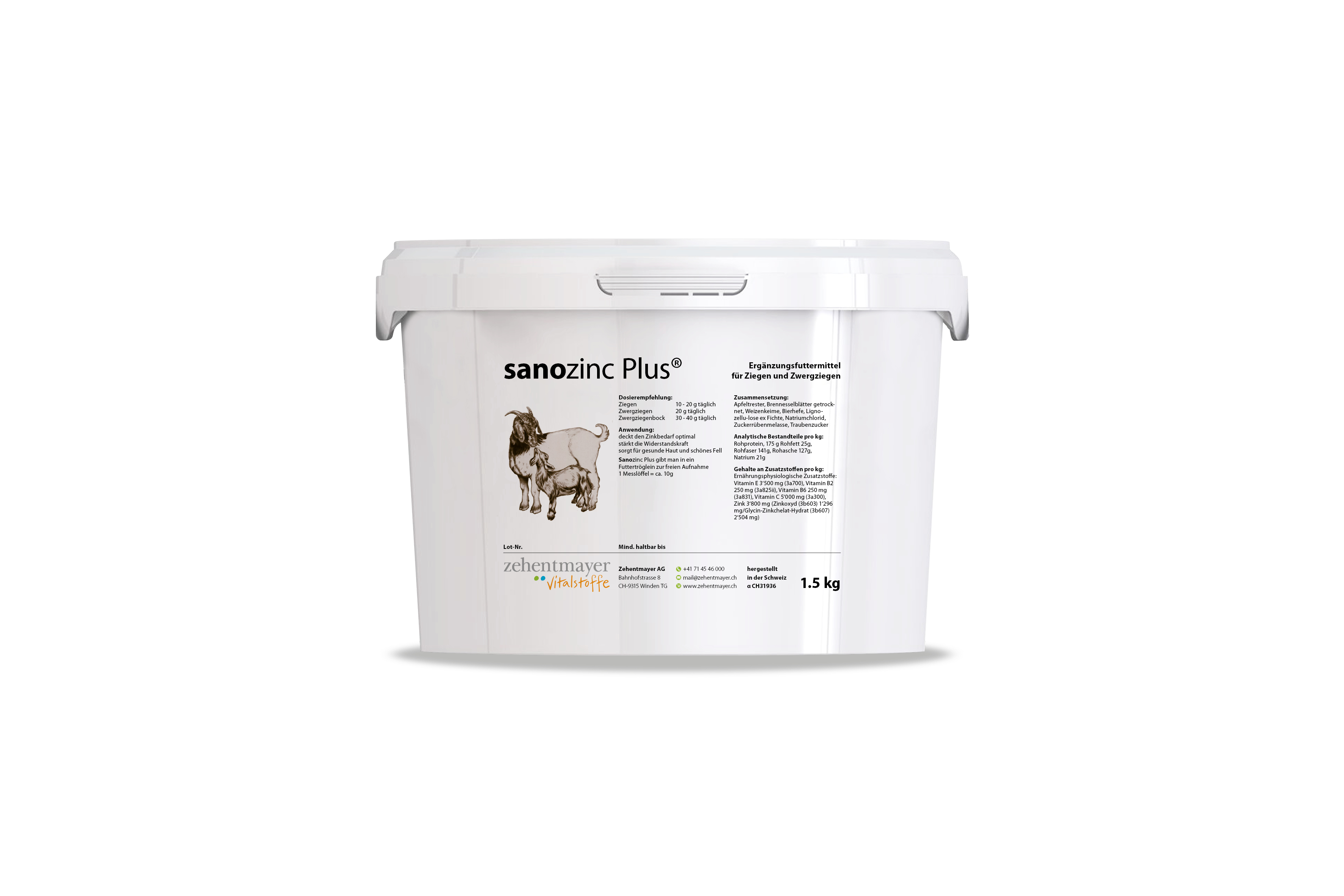 Sanozinc Plus Eimer für Tierpflege Sanozinc Plus, ein 1,5 kg Eimer für die Tierpflege, mit Anweisungen und Inhaltsstoffen auf dem Etikett.