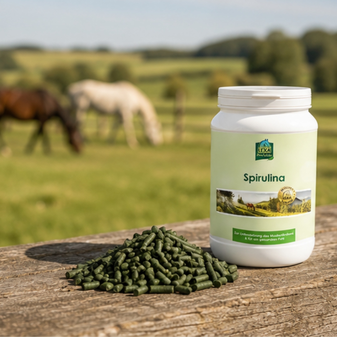 LEXA Spirulina Dose und grüne Spirulina Pellets auf einem Holztisch vor einer Pferdeweide.