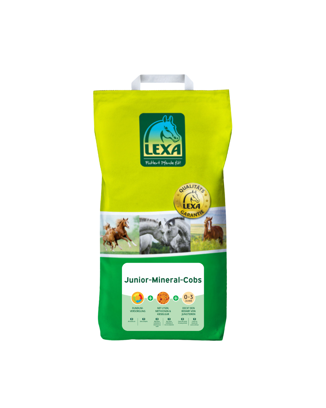 LEXA Junior-Mineral-Cobs – gelb-grüne Verpackung mit Tragegriff und Produktlabel für Jungtiere auf hellem Hintergrund.