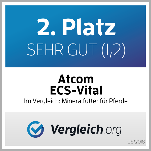 Zertifikat für Atcom ECS-Vital Zertifikat für den 2. Platz in der Kategorie Mineralfutter für Pferde, Atcom ECS-Vital, Bewertung: Sehr gut (1,2), Vergleich.org